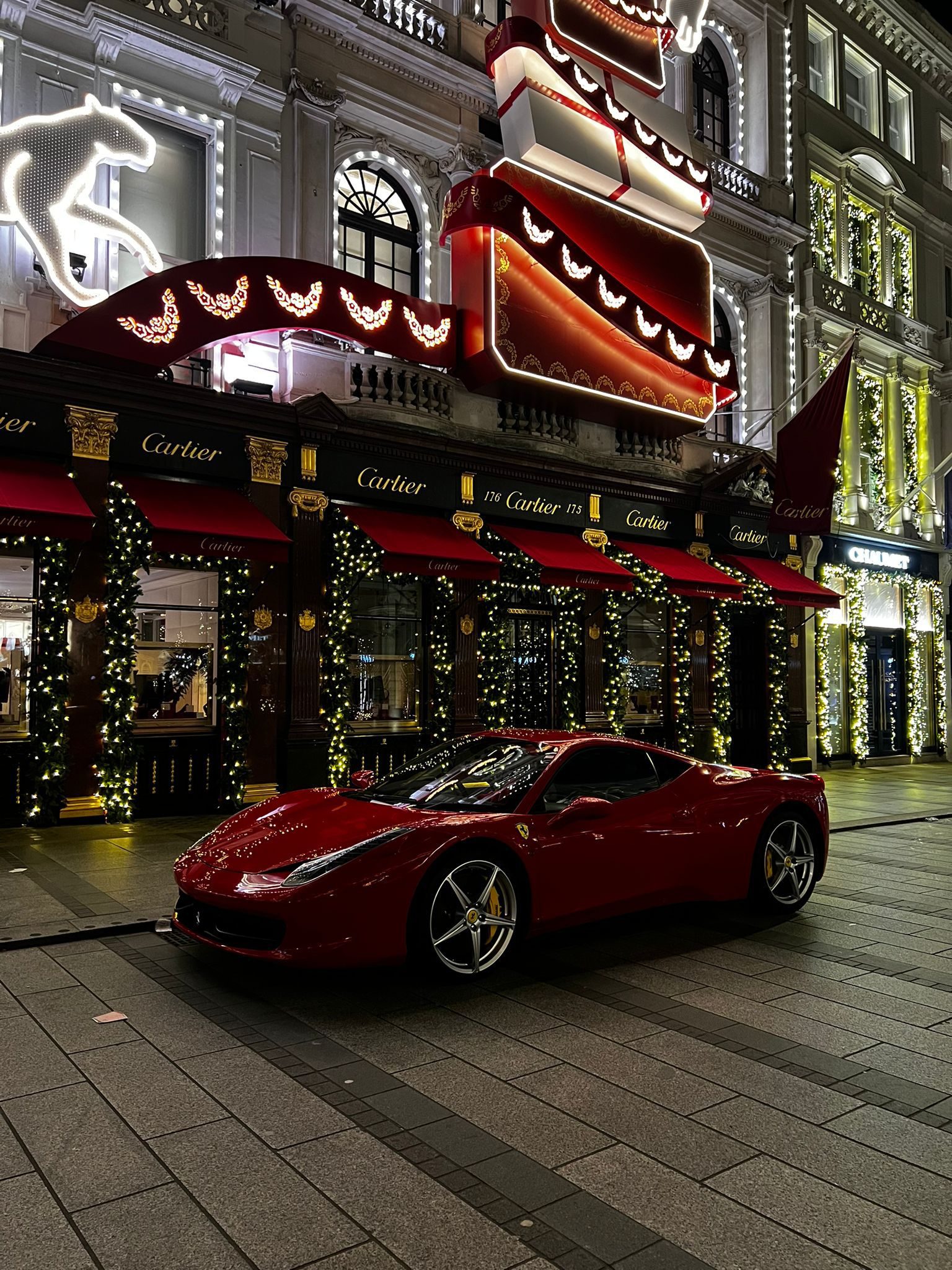 Ferrari 458 red outside Cartier Bond Street — special occasion hire Bedford Executive Cars